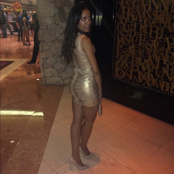 herve leger gold foil bandage dress